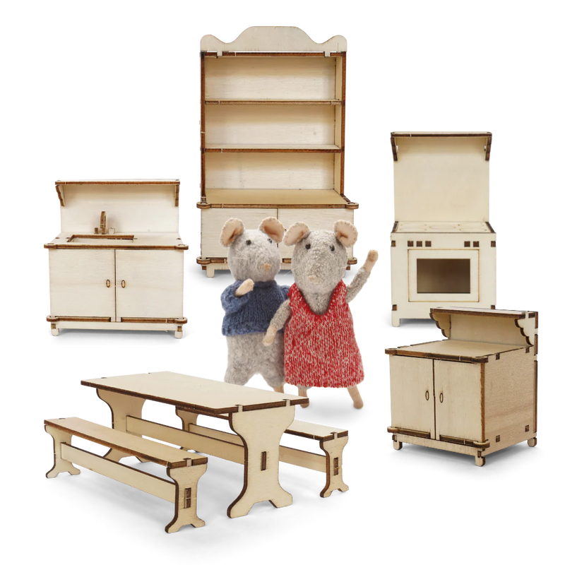 Wooden dollhouse furniture kit with cabinets table benches and toy mice