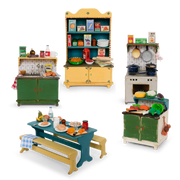 Miniature dollhouse kitchen furniture set with cabinets stove table and food accessories