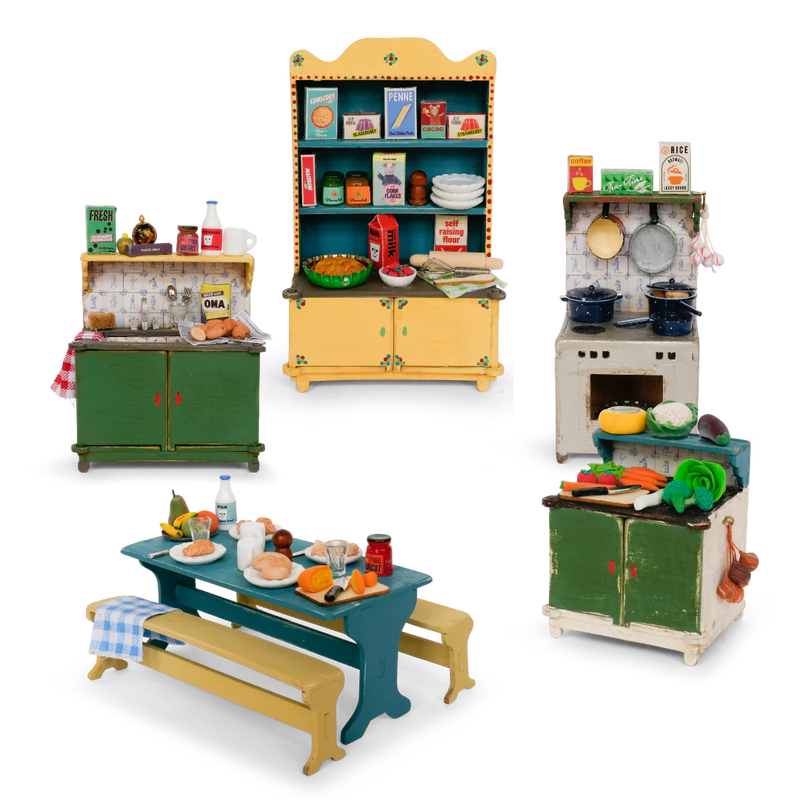 Miniature dollhouse kitchen furniture set with cabinets stove table and food accessories