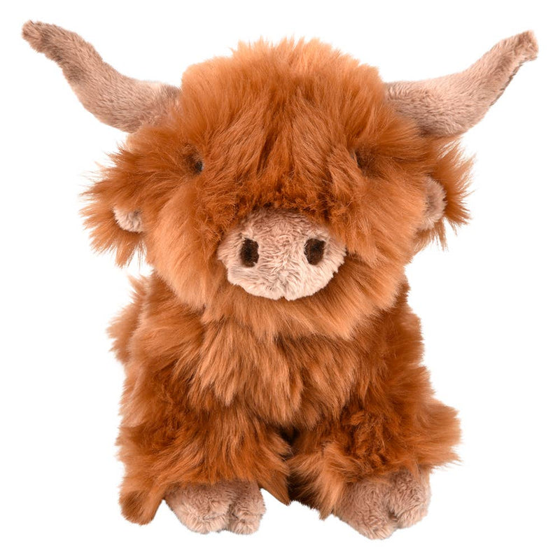 Fluffy brown Highland cow stuffed animal plush toy with long horns seated upright