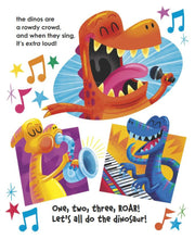 Interior page of Dinosaur Day children's book featuring colorful singing and musical dinosaurs