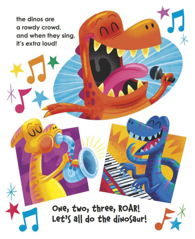 Interior page of Dinosaur Day children's book featuring colorful singing and musical dinosaurs