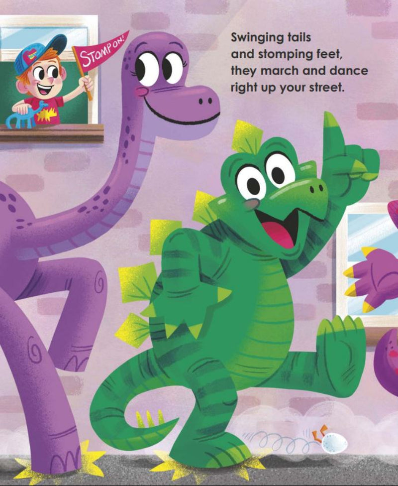 Interior page of Dinosaur Day book showing dancing cartoon dinosaurs with rhyming text