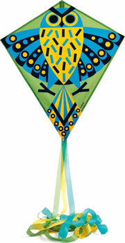 DJECO Hiboo owl-designed diamond kite with colorful geometric patterns and ribbon tail