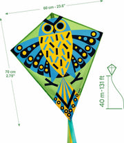 DJECO Hiboo owl-themed diamond kite with green background and colorful geometric design with dimensions