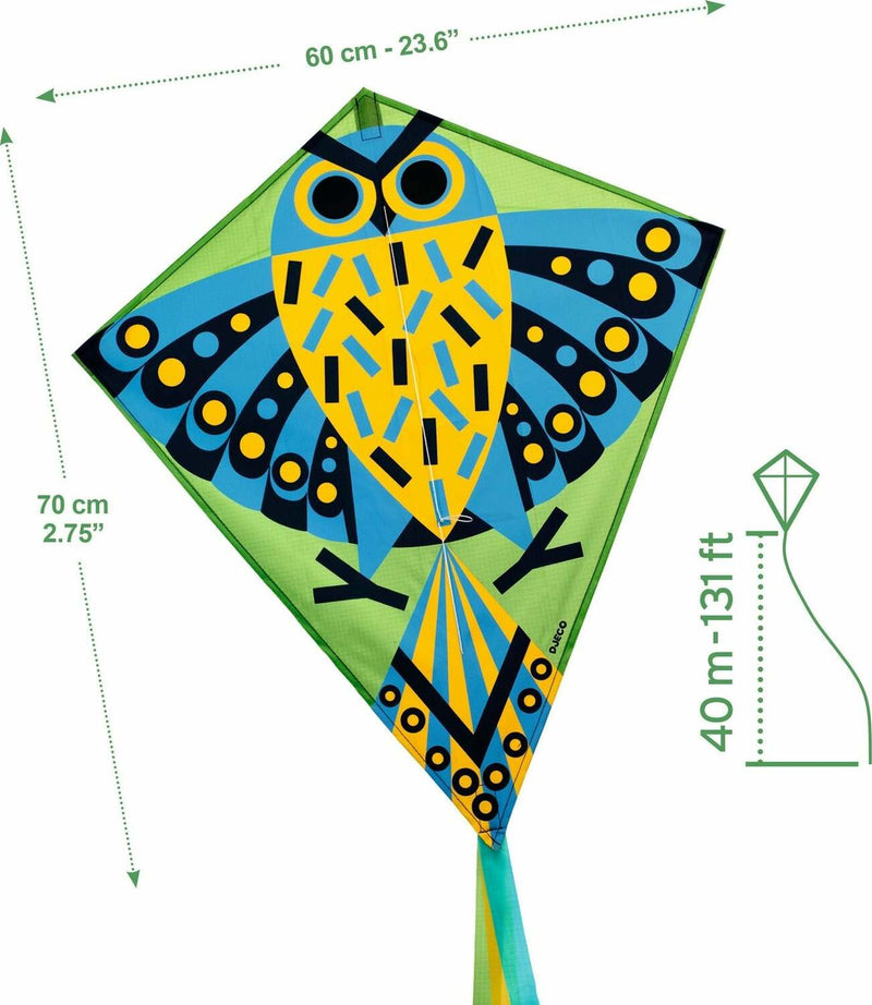 DJECO Hiboo owl-themed diamond kite with green background and colorful geometric design with dimensions