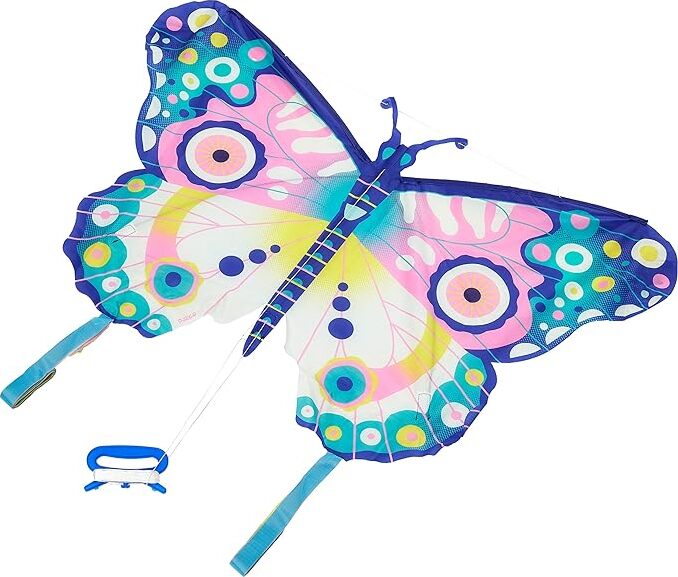 Colorful butterfly kite with circular patterns in pink, blue, and yellow on white background