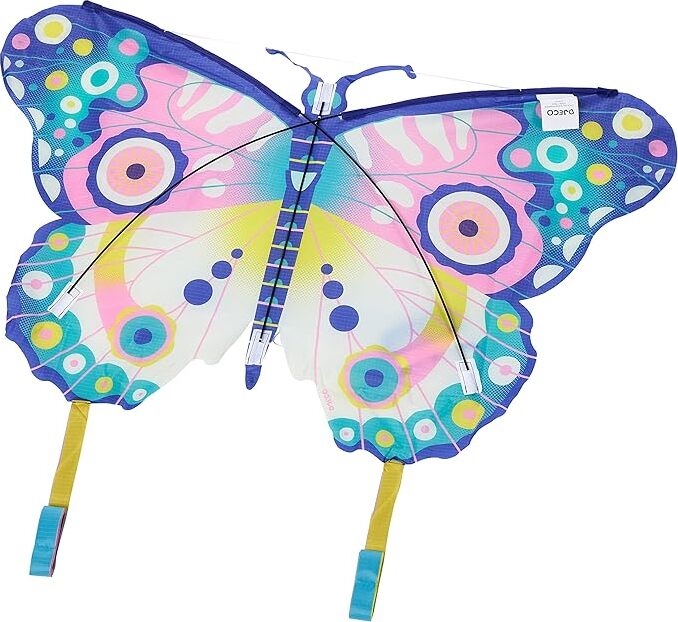 Colorful butterfly kite with pink, blue, and yellow patterns on white background