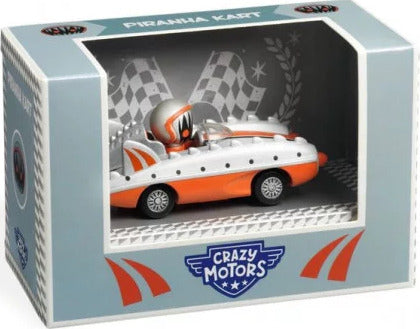 DJECO Crazy Motors Piranha Kart toy car in packaging with orange and white racing design