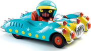 Blue retro-style toy race car with robot driver and star decorations