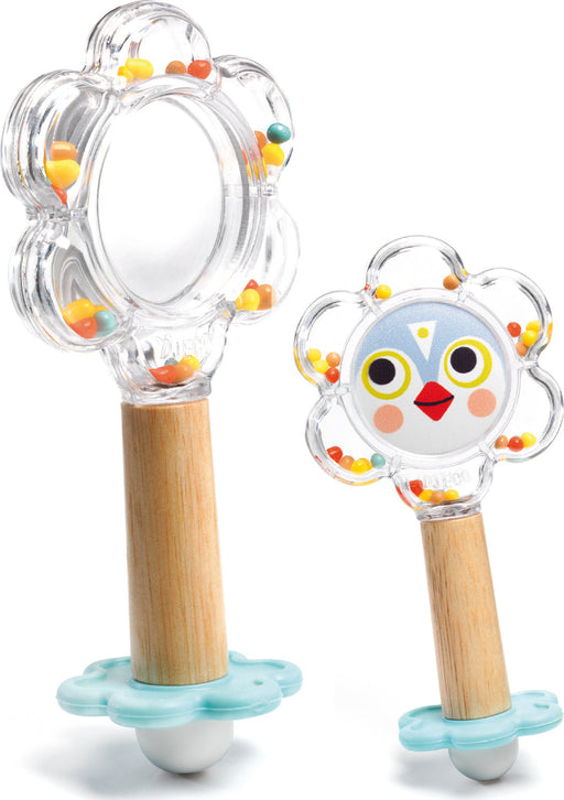DJECO Baby White BabyFlower set of two rattles with wooden handles and colorful beads