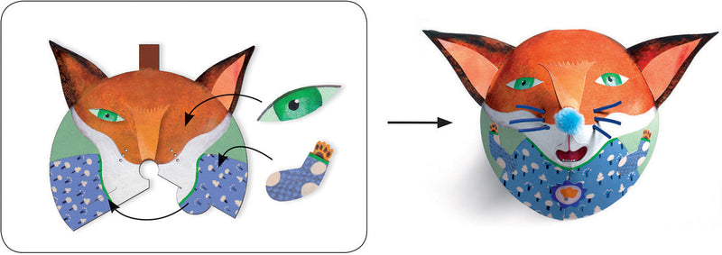 DJECO paper craft fox mask assembly instructions and finished 3D mask