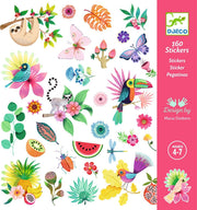 DJECO Paradise themed sticker sheet featuring tropical animals, plants, and colorful nature illustrations