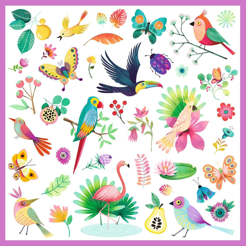 Colorful tropical bird and butterfly sticker sheet with paradise theme by DJECO