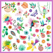 Colorful tropical paradise themed sticker sheet with animals, birds, flowers and fruits