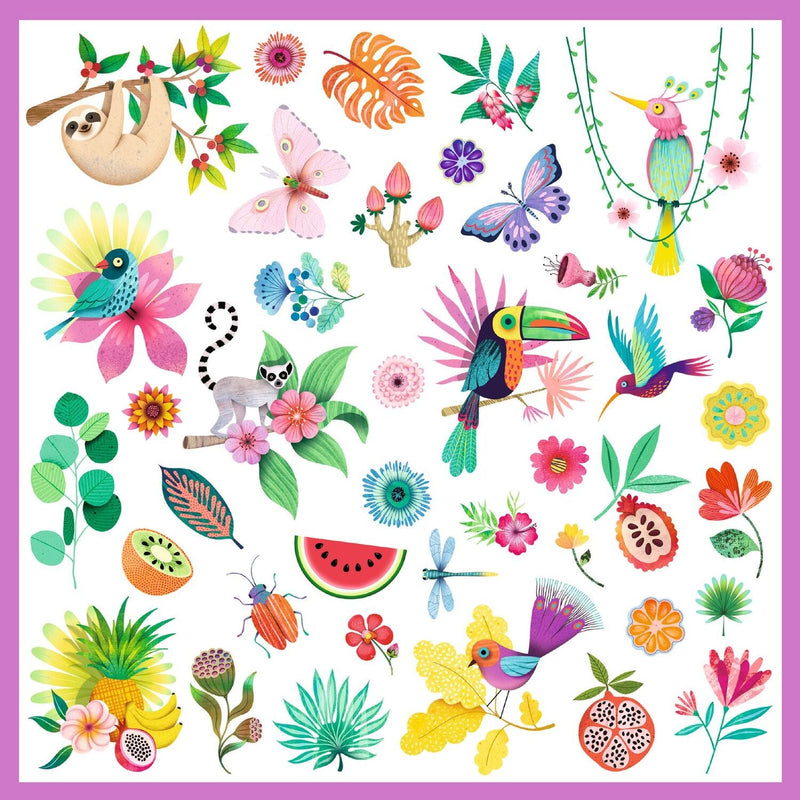 Colorful tropical paradise themed sticker sheet with animals, birds, flowers and fruits