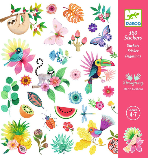 DJECO Paradise themed sticker sheet featuring tropical animals, plants, and colorful nature illustrations
