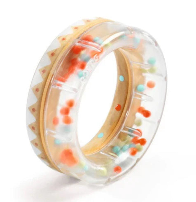 Clear teething ring with colorful beads inside on white background