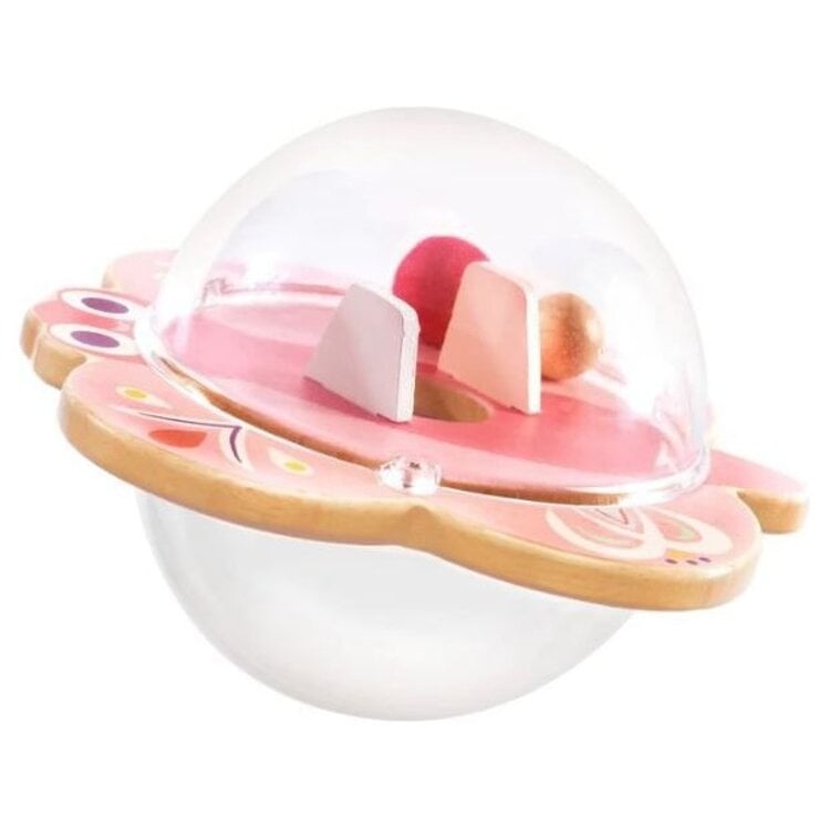 Pink baby rattle toy with clear sphere and colorful interior elements