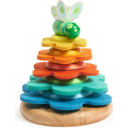 Colorful wooden stacking toy with flower-shaped rings and butterfly topper by DJECO