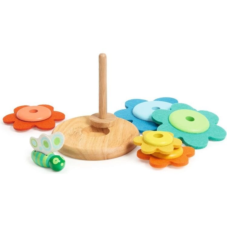 Wooden flower stacking toy with colorful felt petals and cute caterpillar