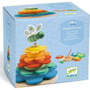 DJECO Butterflower stacking tower toy packaging showing colorful wooden flower-shaped rings with butterfly topper
