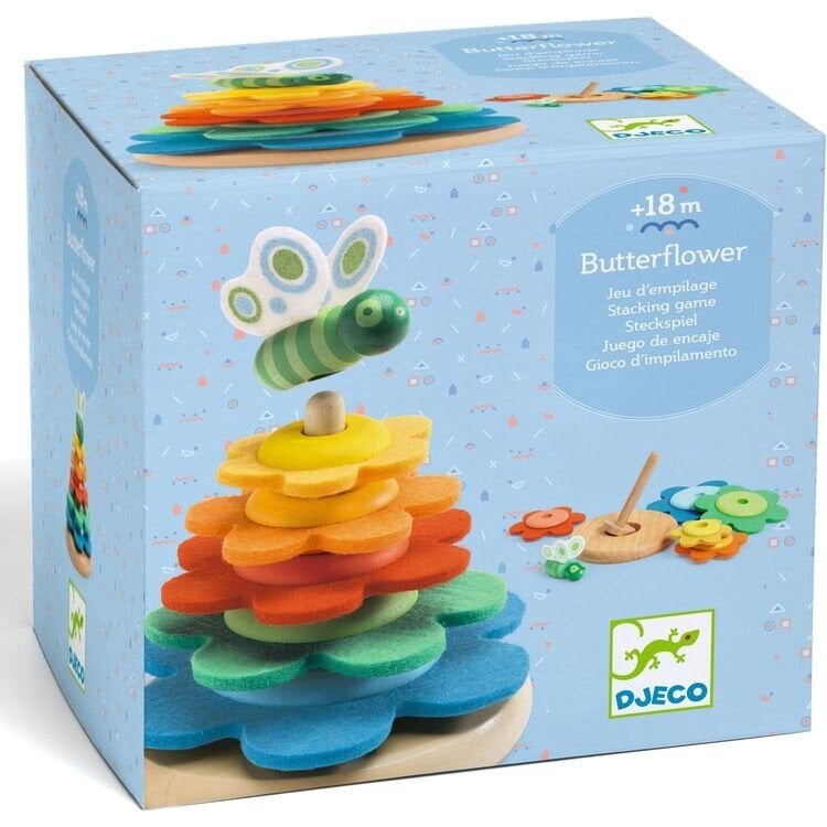DJECO Butterflower stacking tower toy packaging showing colorful wooden flower-shaped rings with butterfly topper