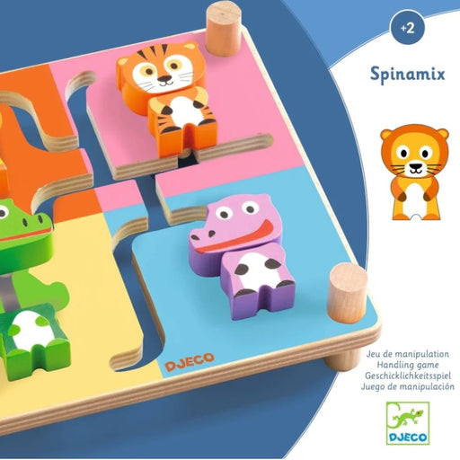 DJECO Spinamix wooden animal puzzle with colorful tiger and cow pieces