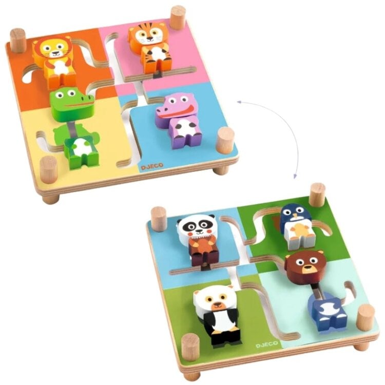 Two DJECO Spinamix Animal Maze wooden puzzle boards with colorful animal figures and track systems