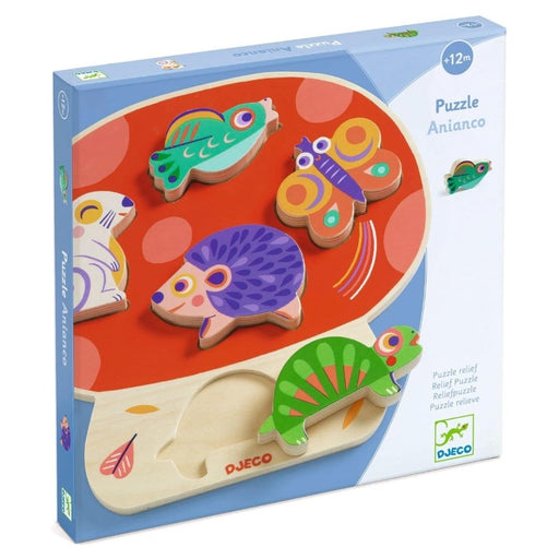DJECO wooden puzzle with colorful animal pieces including bird, butterfly, hedgehog and turtle in packaging