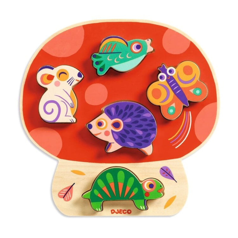 DJECO wooden mushroom-shaped puzzle with colorful animal pieces including bird, butterfly, hedgehog, and turtle