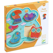 DJECO Toucanco wooden puzzle box showing colorful bird-shaped puzzle pieces on blue background