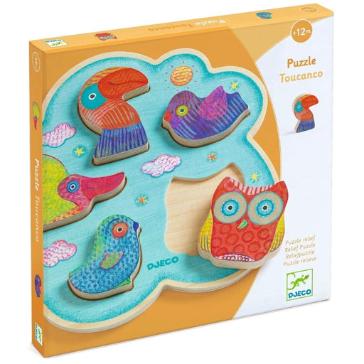 DJECO Toucanco wooden puzzle box showing colorful bird-shaped puzzle pieces on blue background