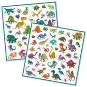 Two sticker sheets featuring colorful cartoon dinosaur illustrations on white background with teal border