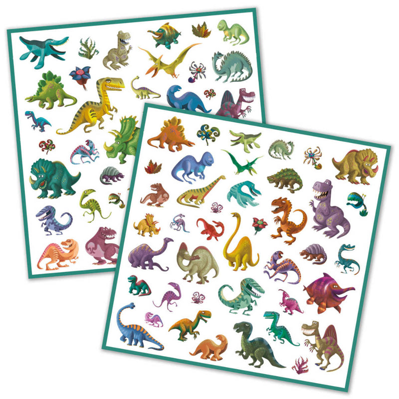 Two sticker sheets featuring colorful cartoon dinosaur illustrations on white background with teal border