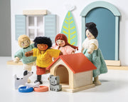 Mentari wooden doll family with dog and cat pets in dollhouse setting