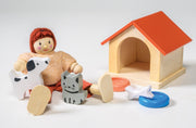 Wooden pet playset with doll, dog house, dog, cat, and feeding bowls
