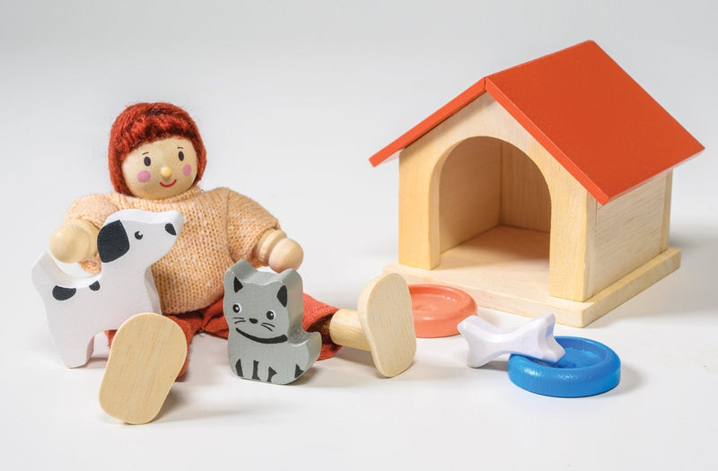 Wooden pet playset with doll, dog house, dog, cat, and feeding bowls