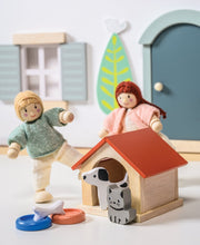 Mentari wooden dollhouse with pet set including dog, cat, doghouse and feeding bowls
