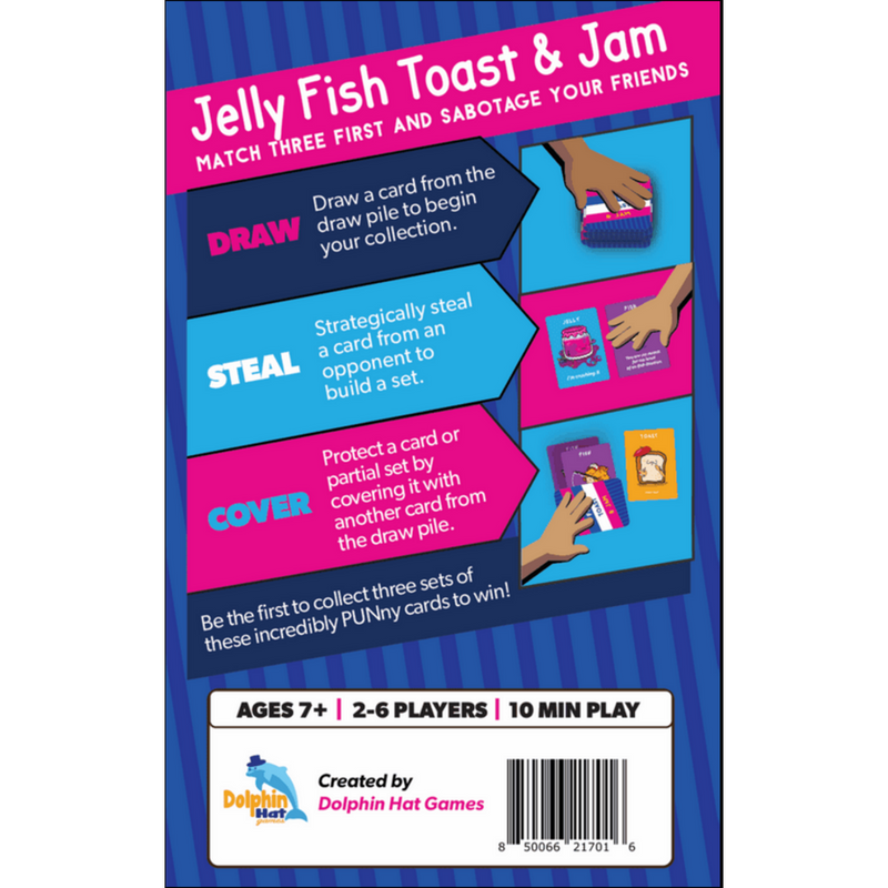 Jelly Fish Toast and Jam card game box back showing gameplay instructions by Dolphin Hat Games