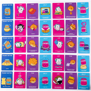 Grid of colorful game cards featuring cute peanut butter, jam, fish and jelly characters