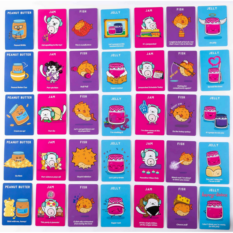 Grid of colorful game cards featuring cute peanut butter, jam, fish and jelly characters