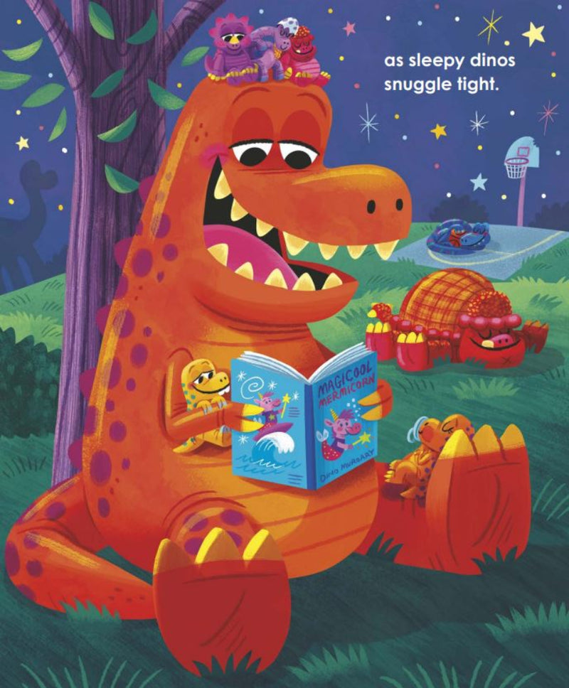 Interior illustration from Dinosaur Day showing orange T-Rex reading bedtime story to baby dinos