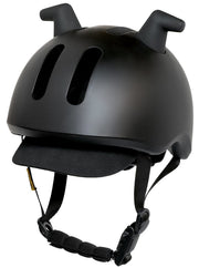 Black Micro Kickboard 3D Scootersaurus helmet with horn details and chin strap