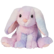 Soft plush bunny toy with long ears in pastel purple and blue colors