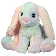 Pastel rainbow colored plush bunny with long ears and pink nose on white background