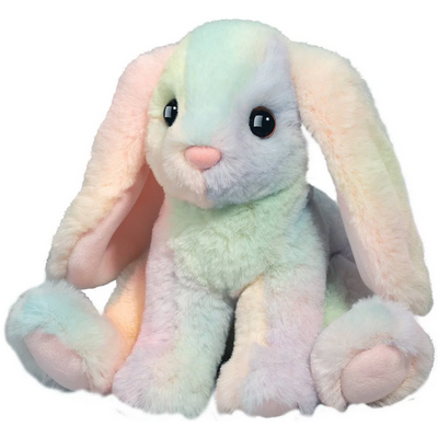 Pastel rainbow colored plush bunny with long ears and pink nose on white background