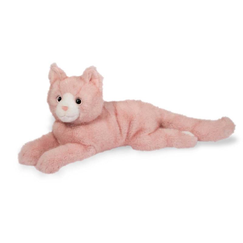 Pink plush cat stuffed animal lying down with white chest and pink nose