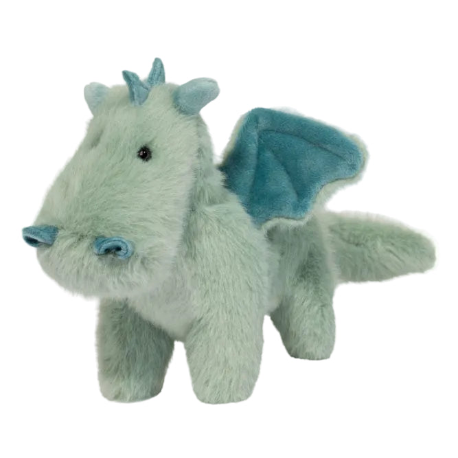 Mint green plush dragon stuffed animal with blue wings and horn