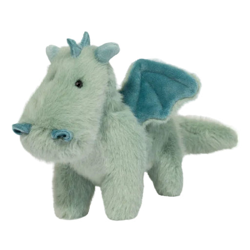 Mint green plush dragon stuffed animal with blue wings and horn